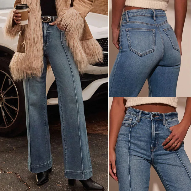 

Женские широкие брюки, джинсы, винтажные брюки со средней талией, эластичные потертые потертые карманы, повседневные офисные женские джинсы длиной до пола