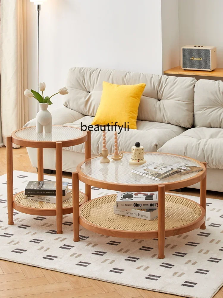 

ss7304 Solid Wood Rattan Changhong Glass Tea Table Living Room Home Table Modern Black round Side Table