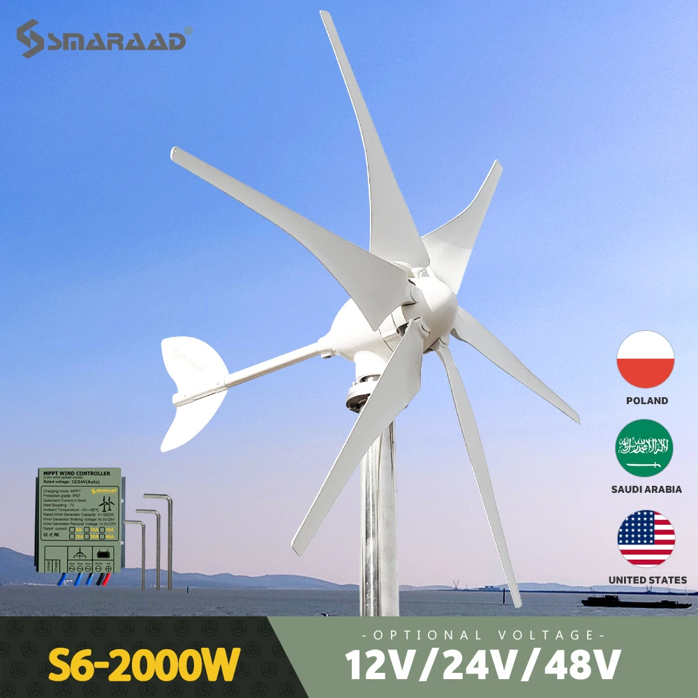 Wind Turbine 2000W 48V 24V 12V with MPPT Controller System Portable Windmills Renewable Energy 6 Blades Household