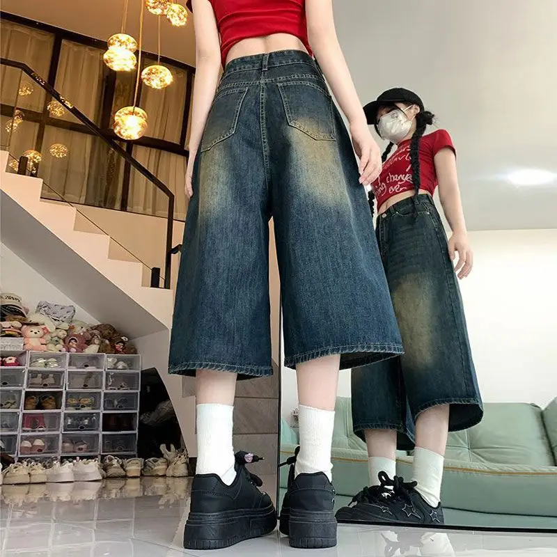 

Retro Wide Leg Denim Shorts Women Spring Summer Solid Color Leisure High Waist Loose Slim Women Straight Capri Pants