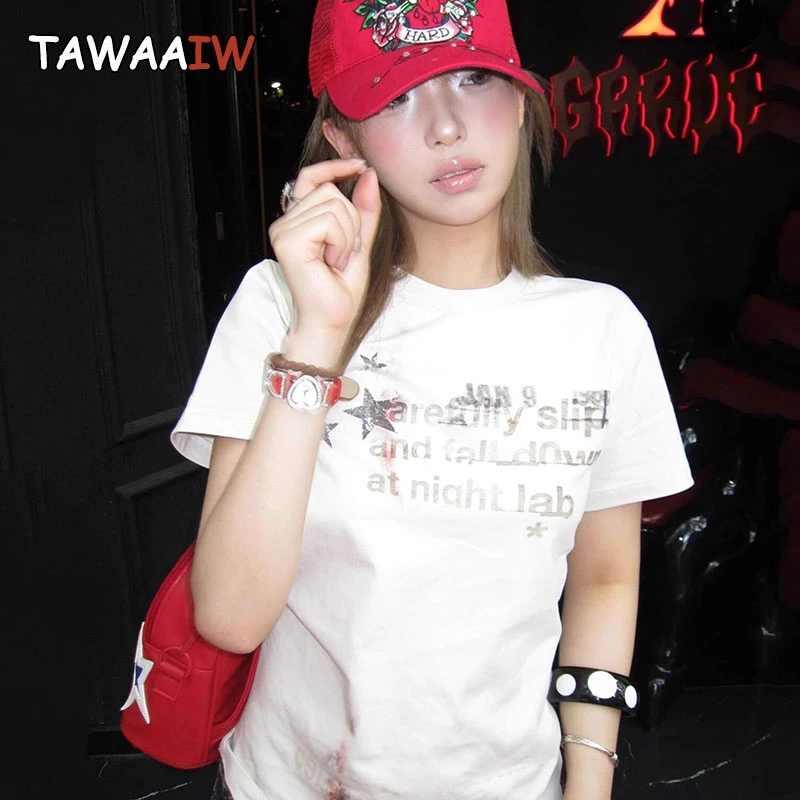 

Tawaaiw American Retro Graphic Tee Female Clothing Short Sleeve Women's T-shirt Summer Tops 2000s Clothes Y2k Cotton Tshirts