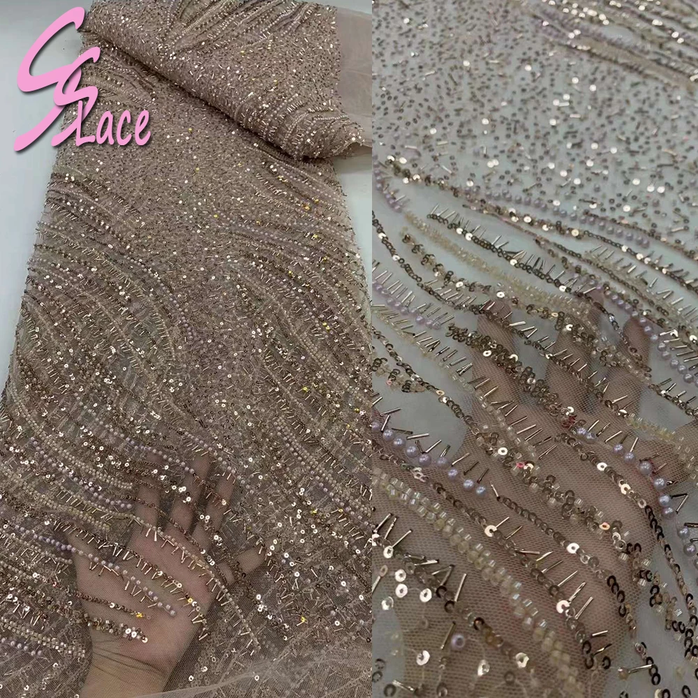 Latest Rose Gold African Lace Fabric 2024 Luxury French Sequins Mesh Lace Fabric High-end Handmade Beaded For Wedding Dress