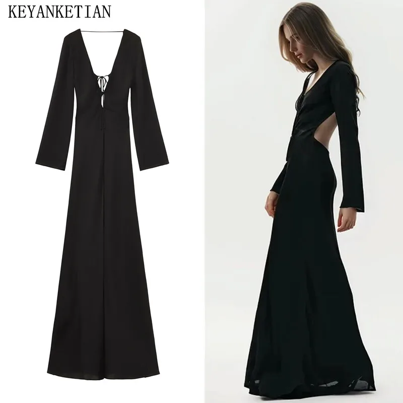 

KEYANKETIAN 2024 New Launch Women's Sexy Backless Long Dress Lace Up Hollow out Slim Fairy Long Sleeve Ankle Formal Dress
