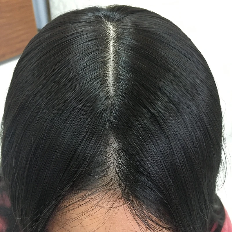 

Luxury Realistic Scalp 100% Human Hair Replacement Toupee For Thinning Hair Silky Straight 20" Hair Topper Silk Base