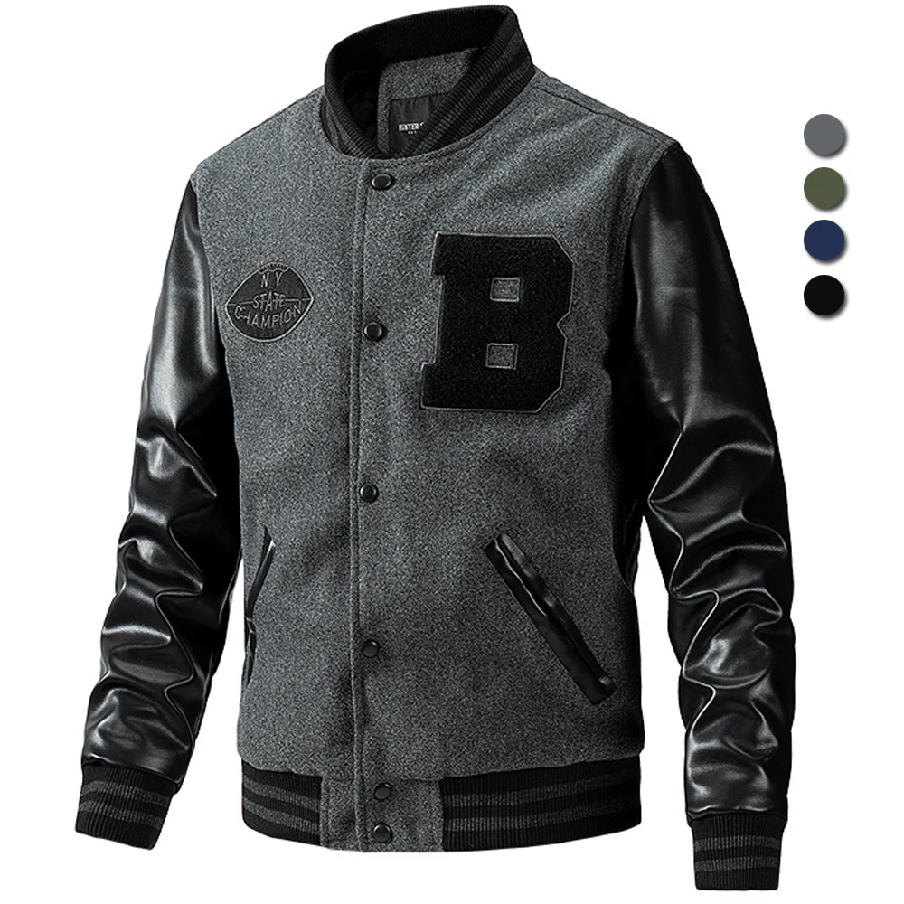

Letter Embroidery Baseball Jacket Men Winter Thick Hip Hop PU Leather Patchwork Varsity Jackets Streetwear Cotton Padded Coats