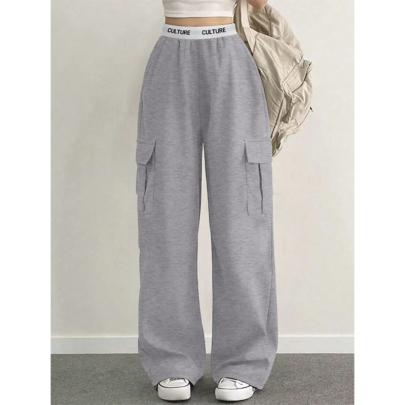 السراويل النسائية الصلبة عارضة فضفاض حزام جيوب المرأة السحب السراويل البضائع السراويل تخفيف الملابس النسائية