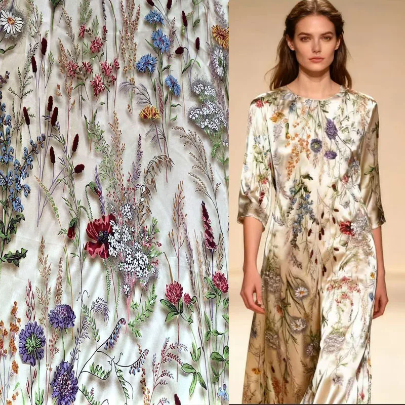 Luxury Real 100% Mulberry Silk Fabric Print Purple Floral Design Women Dress 16mm Crepe Chine Cloth 138cm Wide Sewing Tissus