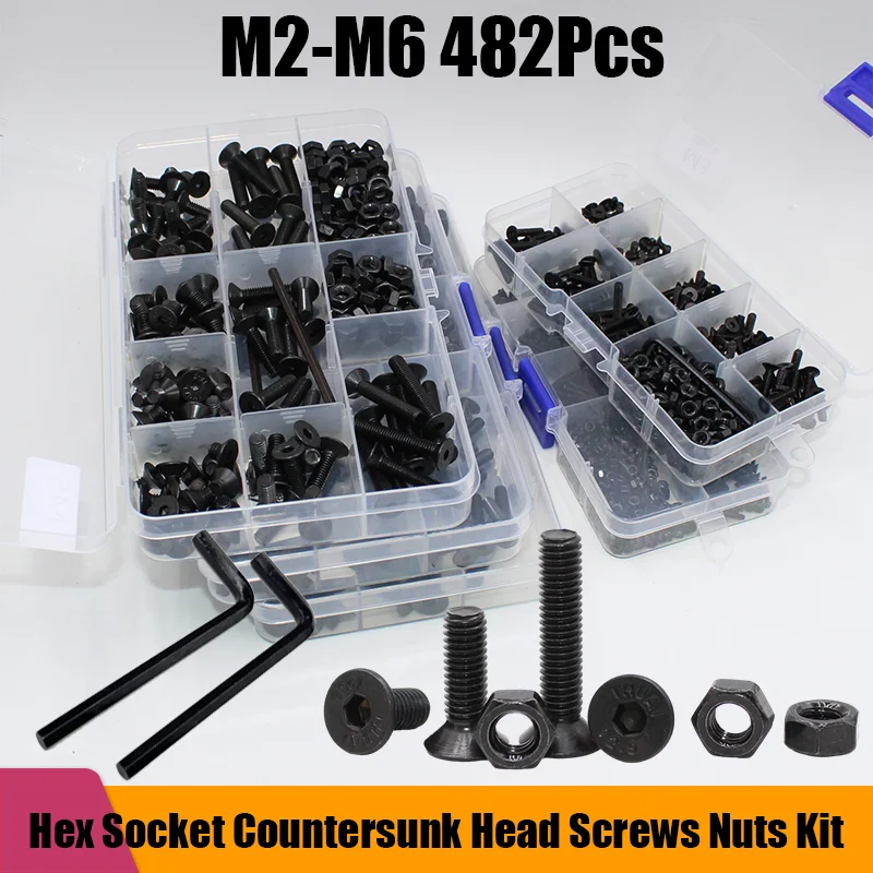 

Countersunk Flat Head Hex Socket Cap Screws Nut Kit Grade 10.9 Carbon Steel Hexagon Flat Head Allen Bolt and Nut M2 M3 M4 M5 M6