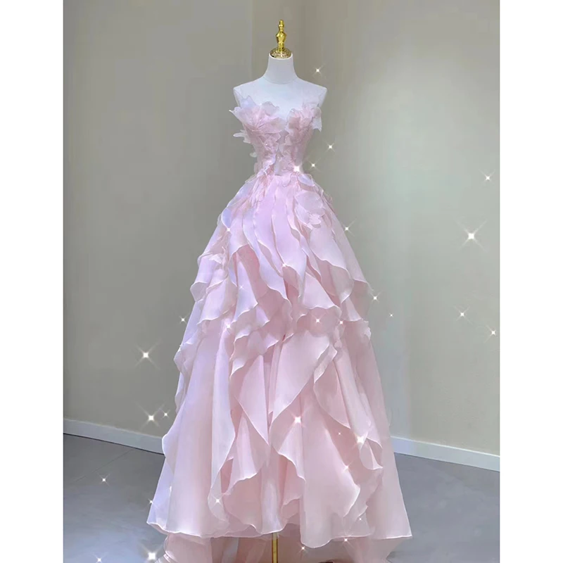 Pink Evening Dress Women Luxury Elegant Ruffles Fairy Birthday Prom Gown Exquisite Sleeveless Bride Banquet Sukienka Customized