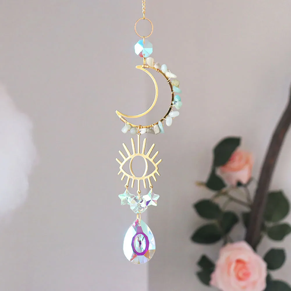 Custom Amazonite Chip Stone Sun Catcher - Celestial Moon & Evil Eye Pendant Hanging Ornament for Window Decor