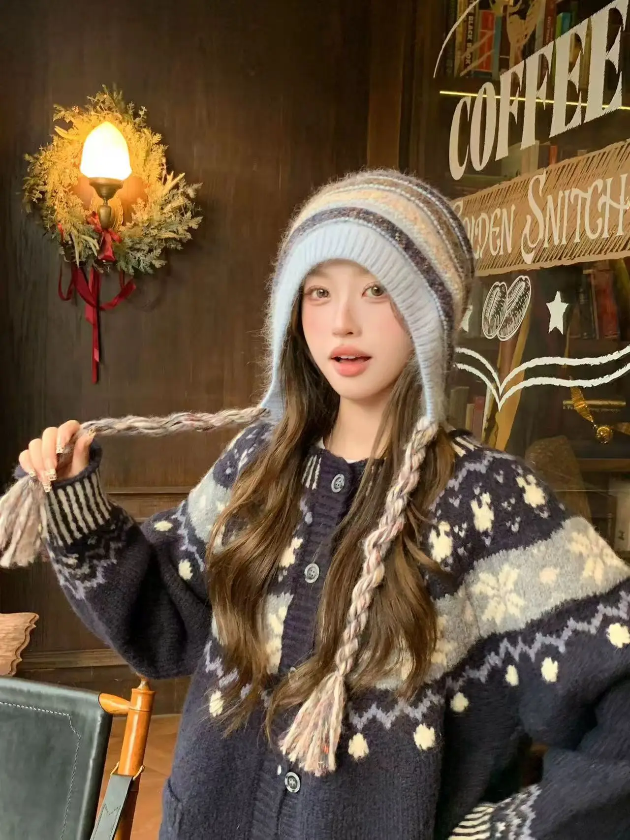 New Ethnic Style Knitted Rabbit Fur Winter Beanies Hat For Women Handmade Braid Warm Soft Striped Skullies Long Ear Cap Gift