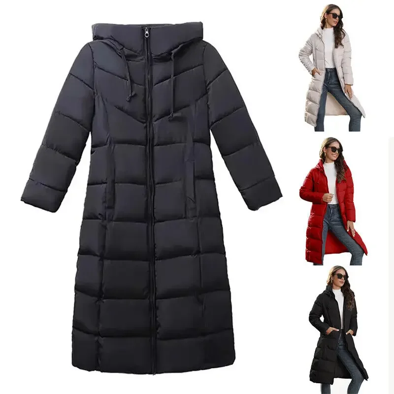 Women\'s Winter Long Parka Solid Color Thick Warm Hooded Cotton-padded Jacket Fashion Street Long Down Cotton-padded Jacket