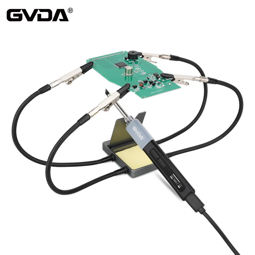 GVDA Supporto per saldatore con 4 bracci flessibili Cuscinetti in spugna per pulizia Strumento di riparazione per saldatura PCB Staffa per saldatore