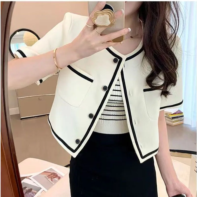 2025 New Short Sleeve O-Neck Off White Suit Coat Women's Spring/Summer Thin Blazers Female Commuting Chic Top casual Clothing