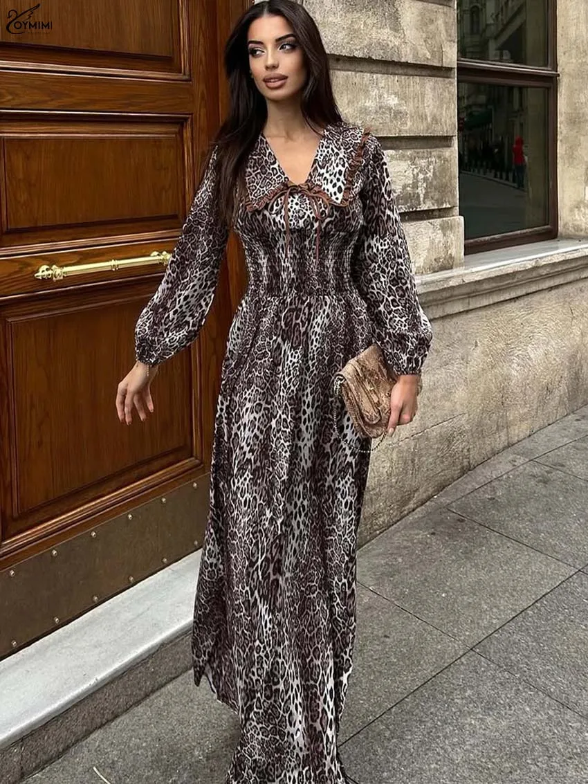 

Oymimi Fashion Brown Print Dresses 2025 Woman Elegant Peter Pan Collar Wrist Sleeve Dresses Casual High Waisted Straight Dress
