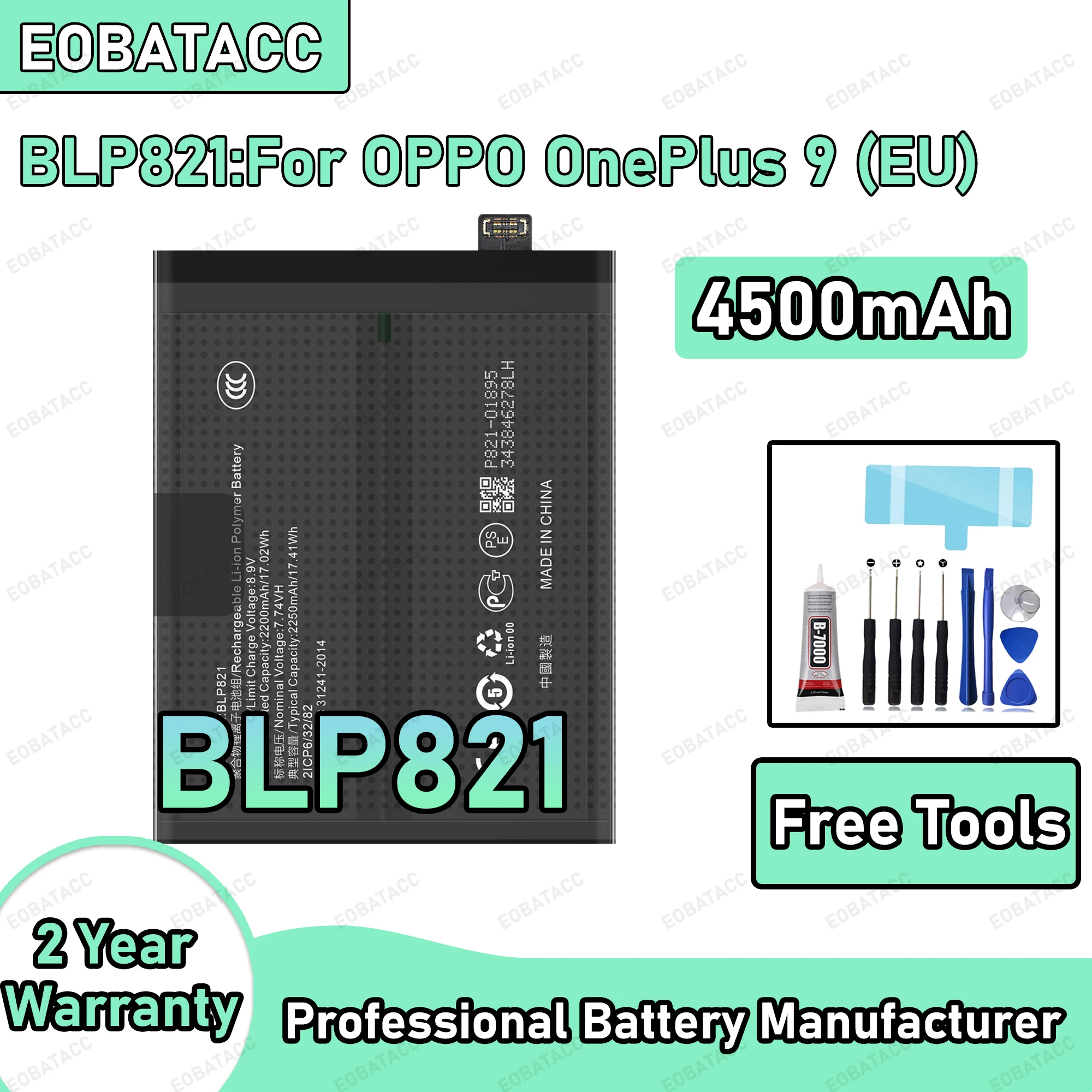 

4500mAh 100% New BLP821 Battery For OPPO OnePlus 9 (EU) Replacement Bateria+Free Tools