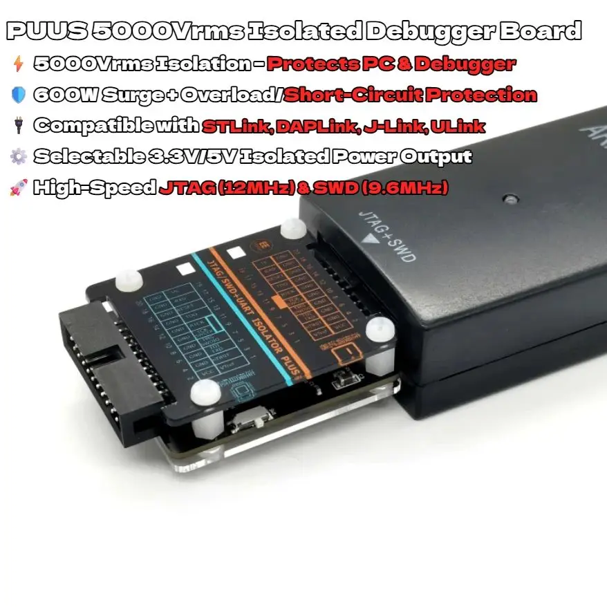 

5000Vrms Isolated Debugger Adapter for STLink DAPLink JTAG/SWD, 3.3V/5V Selectable Output, 600W Surge Protection