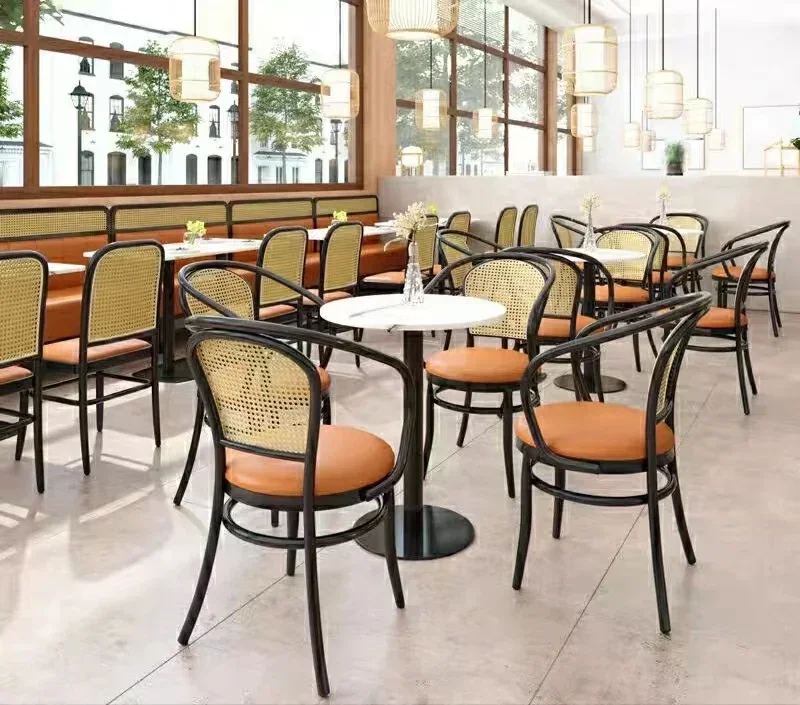 Nordic modern restaurant chair leather material iron frame big soft seat cushion rattan back dining chair restaurant chair