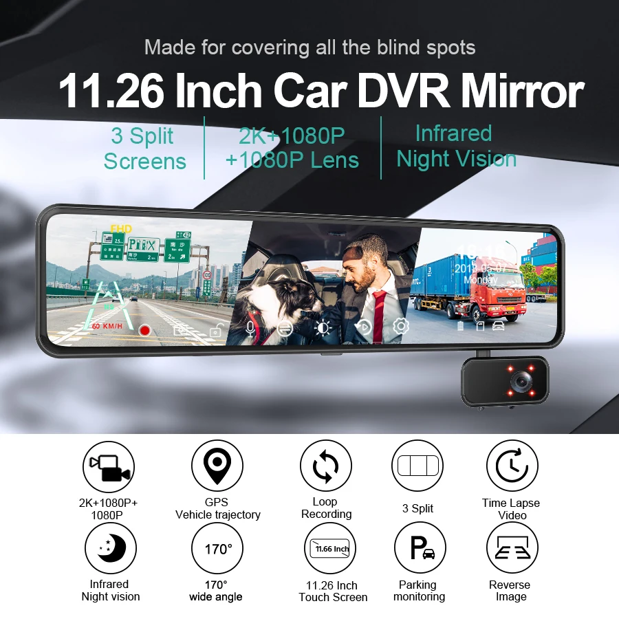 E-ACE Car Dvr 11.26 Inch Video Recorder 3 Cameras 1080P Stream Media Dash cam Rearview Mirror With Rear Camera Support WIFI GPS