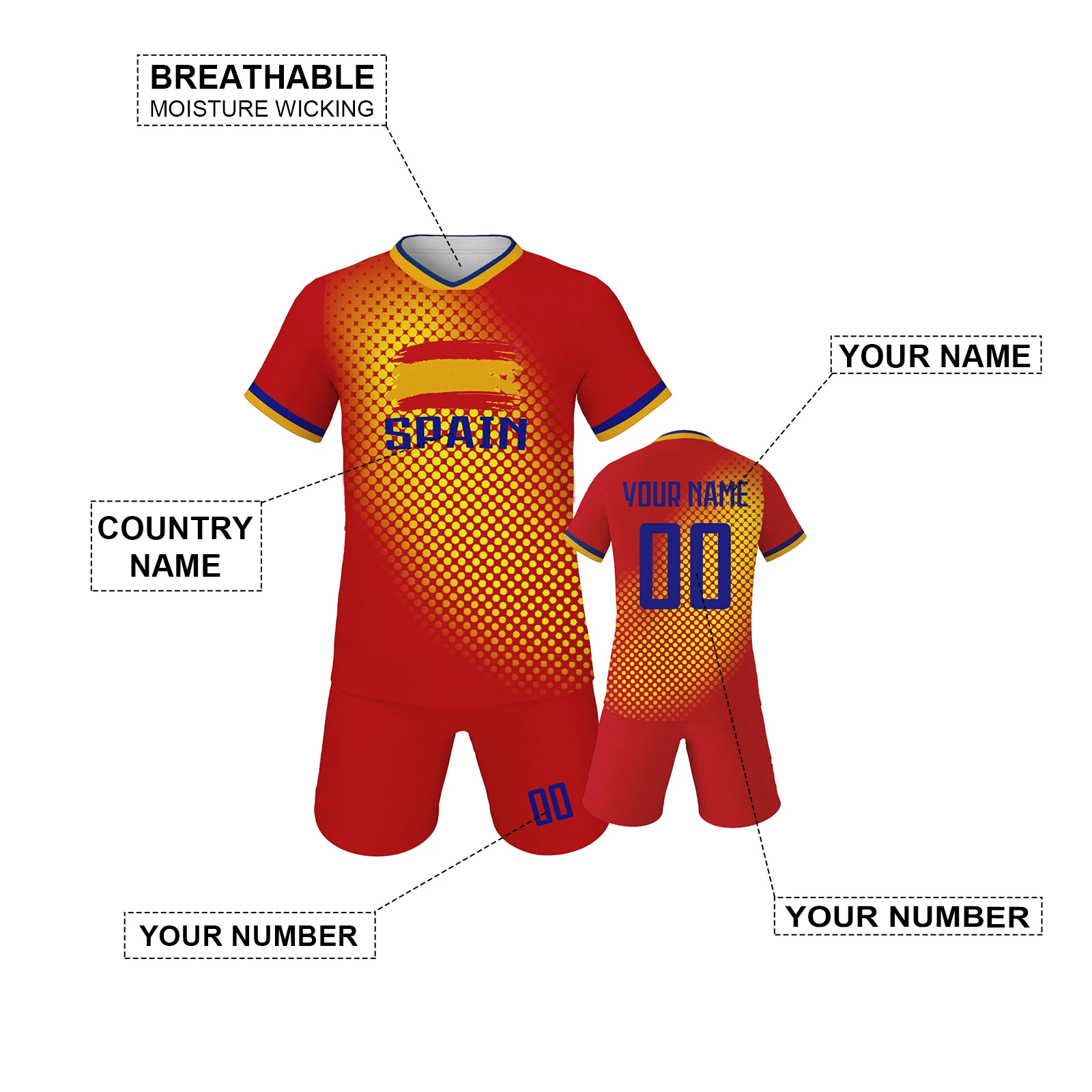 Custom Spain Kids Soccer Jersey Personalized  Football Shirt with Print Name Number Youth Team Training Sportswear 3-14Y