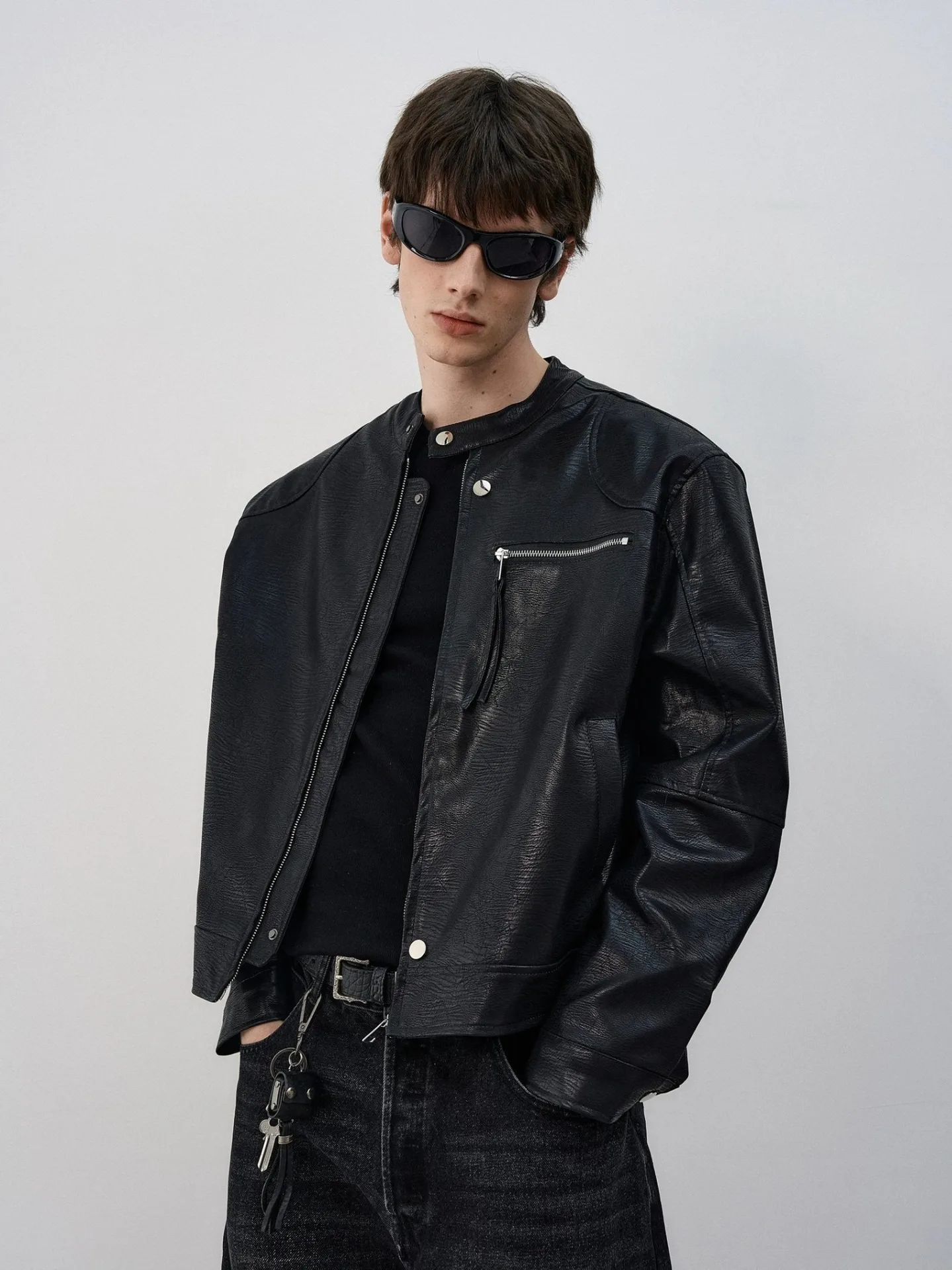 Men's Texture Splicing Pu Leather Jacket American Casual Fashion Motorcycle Style Simple Male Black Zipper Windproof Jackets