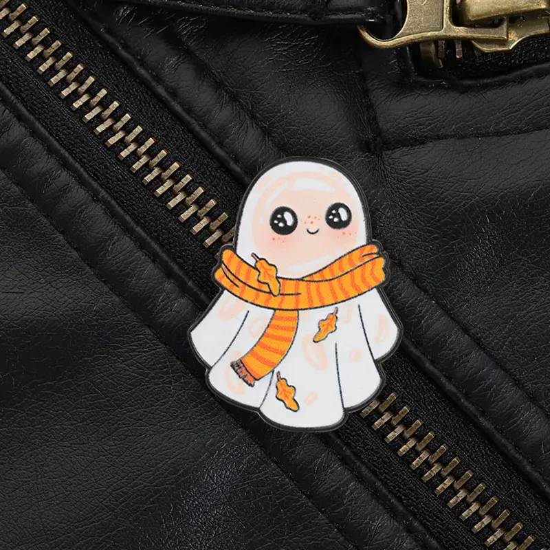 Soft Chibi Ghost with Scarf Enamel Pin Autumn Fall Halloween Brooch Orange Yellow Striped Scarf Leaves for Coats Bags Jackets
