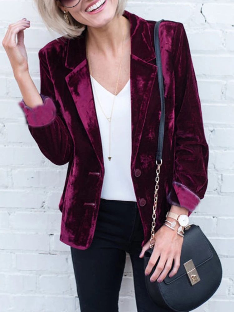 

Spring Jacket Suit Collar Blazer Coat Velour Long Sleeve Simple Fashion Female Outerwear NEW Wine Red Blazers for Women