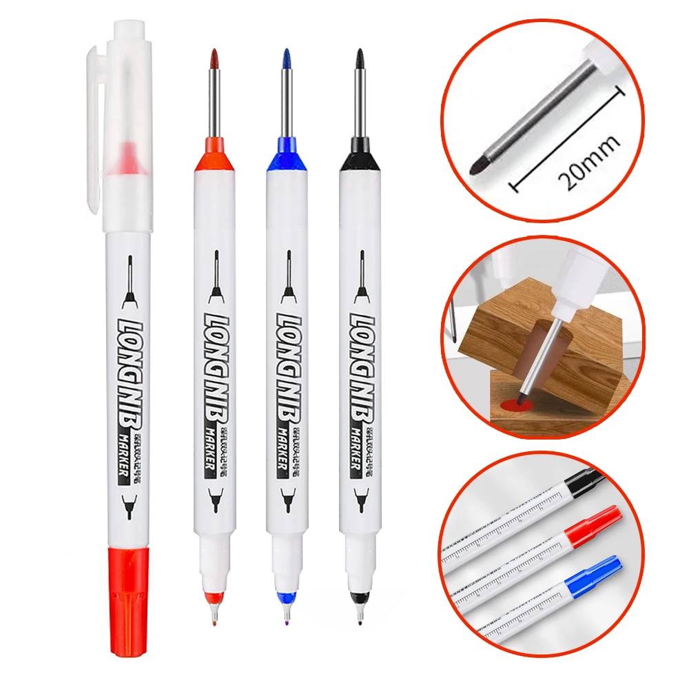 3Pcs 20mm Deep Hole Long Nib Double-ended Marker Metal Perforating Pen Waterproof Bathroom Woodworking Decoration Multi-Purpose