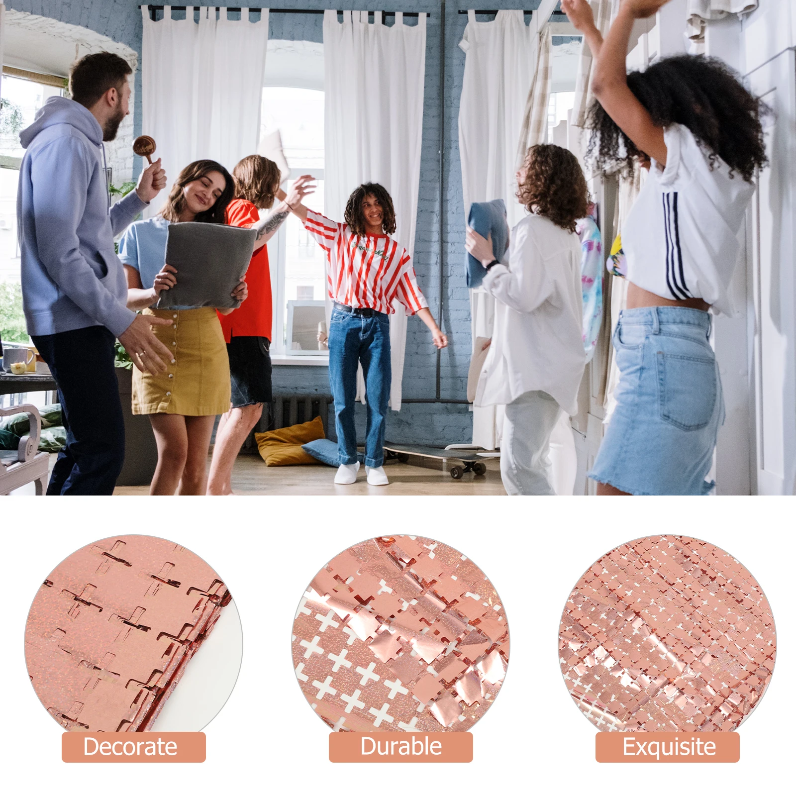 

Luxshiny Square Tinsel Curtain Party Wedding Garland Metallic Fringe Streamer Rose Gold Background Tassel Trim