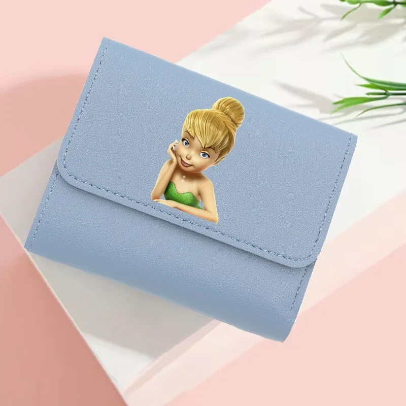 

2024 Disney Tinkerbell Women's Wallet PU Leather Bank Card Holder Kawaii Short Fold Wallets Cash Clip Female Purses Money Bags