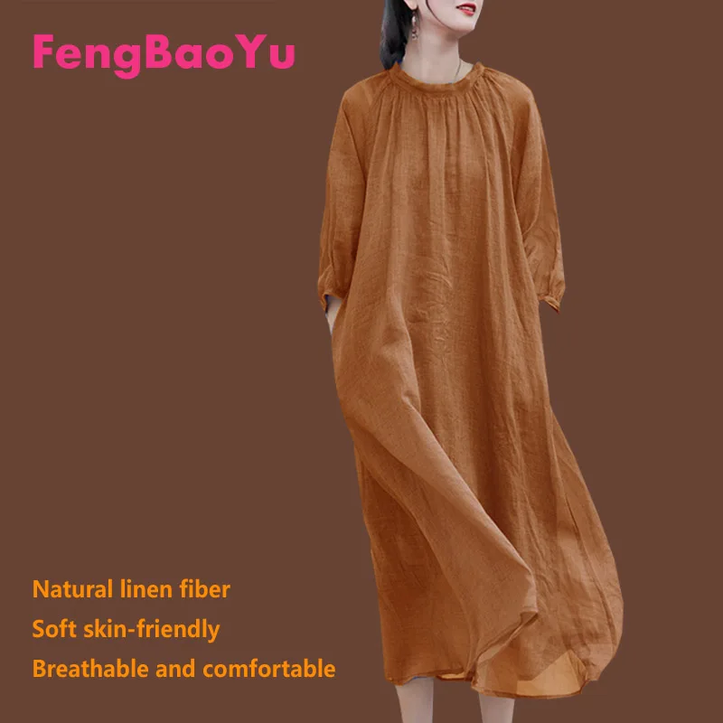 Fengbaoyu Linen Summer Ladies' Medium-sleeved Dress Original Design Lantern Sleeve Loose Robe Leisure 5XL Elegance Free Shipping