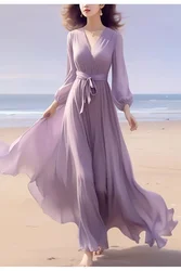 Alta qualità calda estate Vintage francese elegante viola Chiffon vacanza al mare stile Super bella vita-vestito da fata stretto