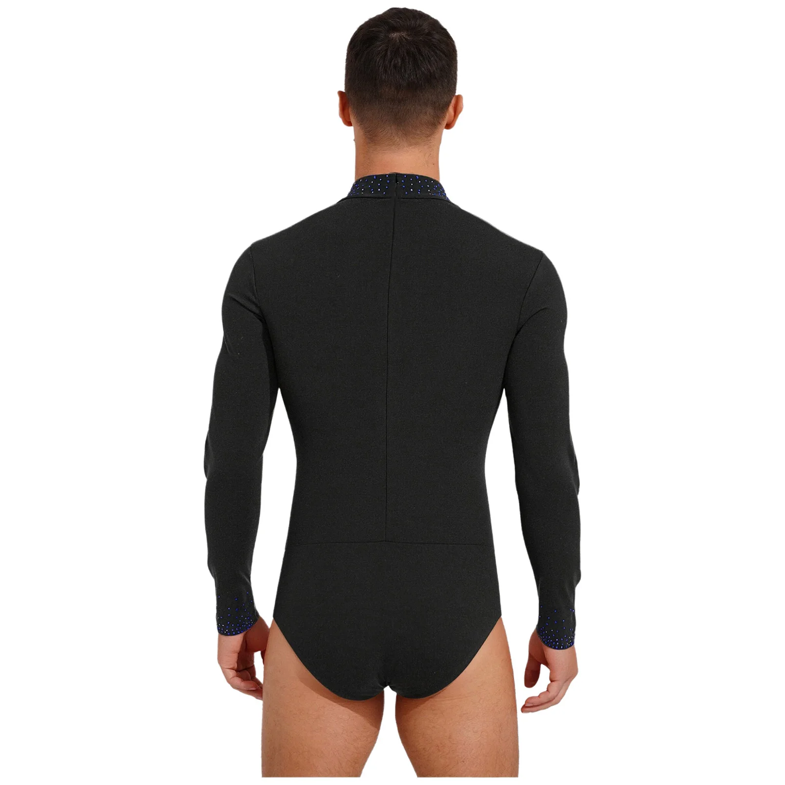 Mens Tango Ballo latino Body Paillettes lucide Manica lunga Body Tuta Balletto Ginnastica Pattinaggio di figura Costume da prestazione