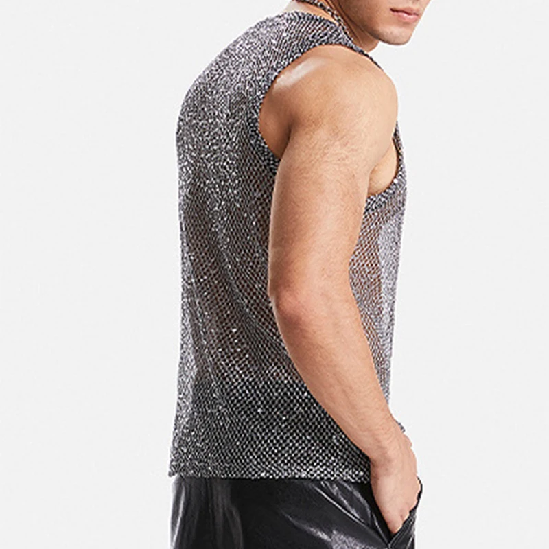 Nightclub Sexy Mens Tank Tops Mesh Sequin Glitter Hollow Out Transparent Vest Men Summer Fashionable Sleeveless Mesh Camisoles