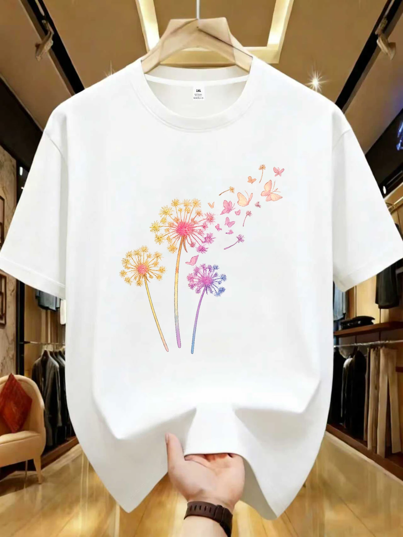 

【WZM1041117】Женская футболка больших размеров с принтом одуванчиков, круглым вырезом, летняя, повседневная, с короткими рукавами, в уличном стиле, универсальная.