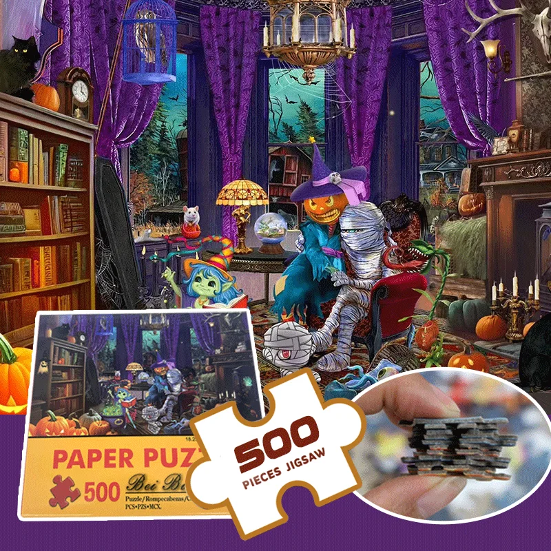 500 Piece Halloween Puzzle for Adults - Spooky Pumpkin Haunted House Scene - 18x11 inch (46x28cm) - 1.5mm Thick Gray Cardboard