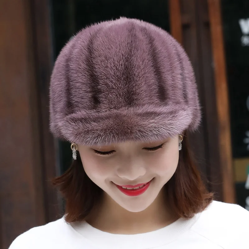 Real Mink Fur Hat  For Women Thick Warm Russian Cap Adult Fashion Warm Winter Baseball Cap Natural Min Fur Hat Gray Fur Hat