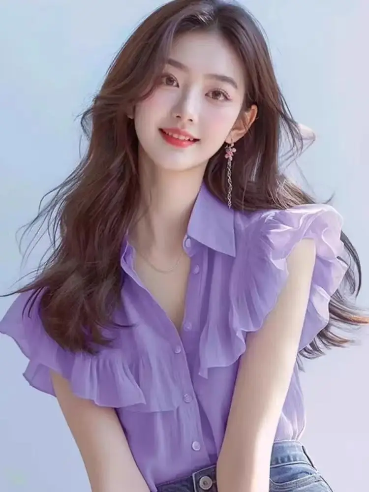 

Женские летние корейские модные однотонные женские рубашки с воротником-поло и короткими рукавами на пуговицах, простые универсальные рубашки с оборками и рукавами-бабочками