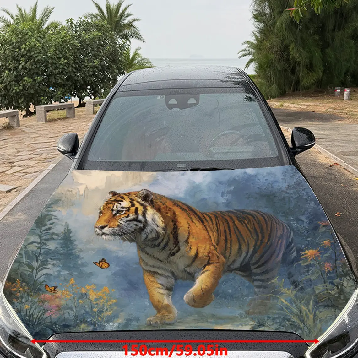 Car Decals Tiger with Distinct Stripes, a Trotting Expression, and a Nature - Themed Backdrop Car Hood Sticker, Waterproof Self