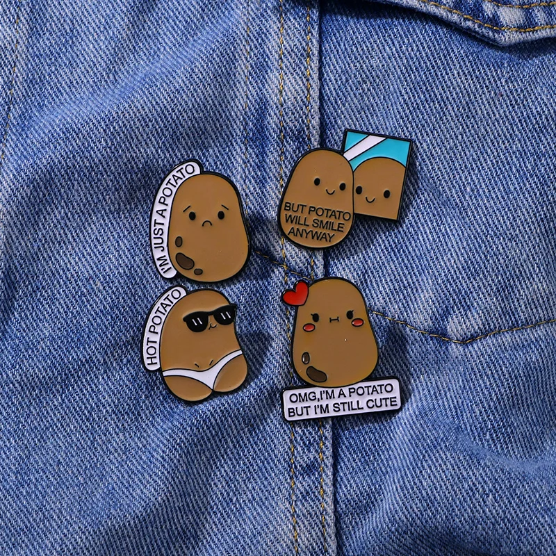 4Pcs/Set Funny Design Hot Potato Figure Series Pins Letter Still Cute Smile Anyway Enamel Brooches