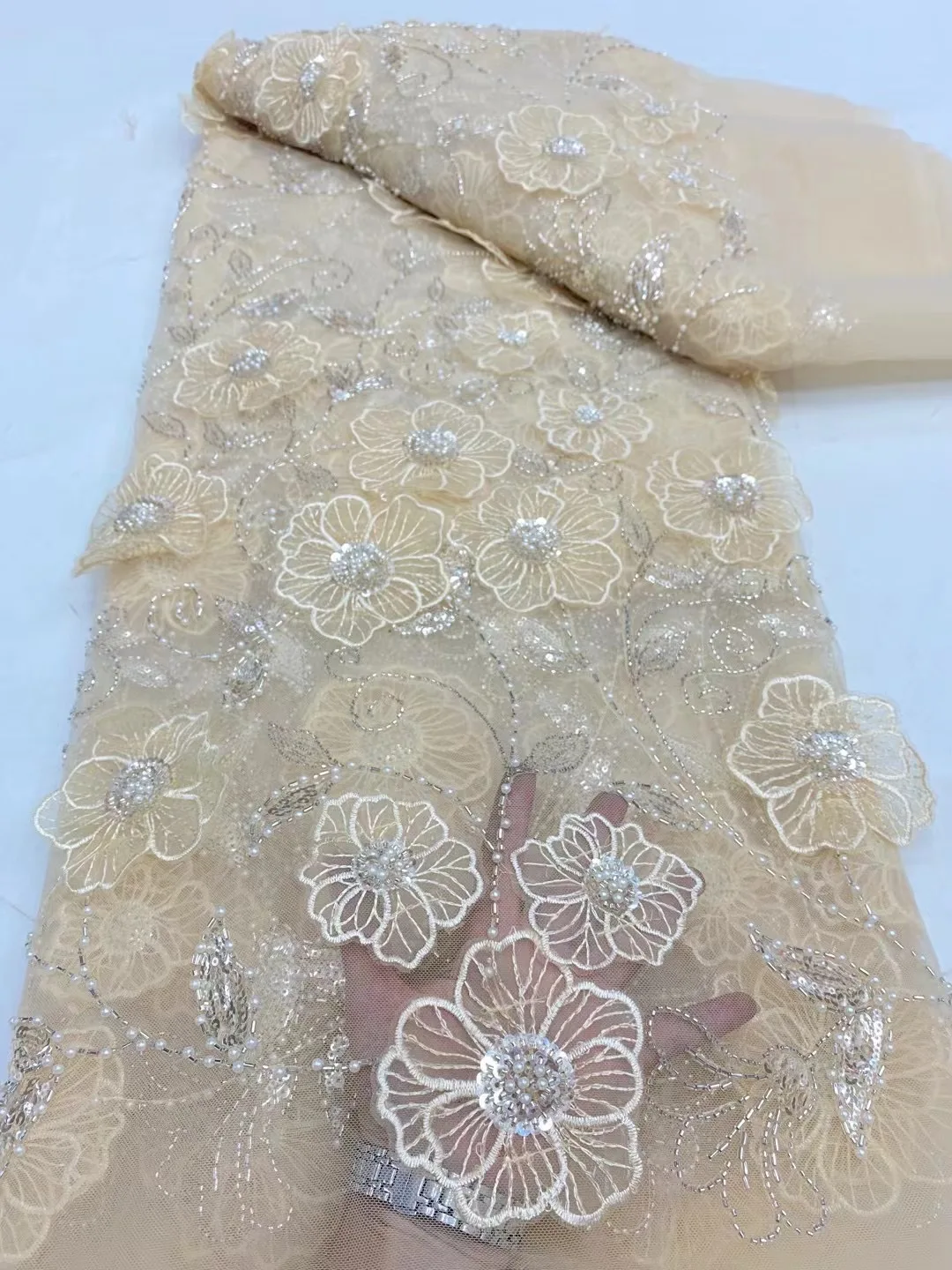 African Bead Lace Fabric 2024 High Quality French Mesh Lace Fabric Groom Nigerian Sequins Lace Fabrics For Wedding Dress