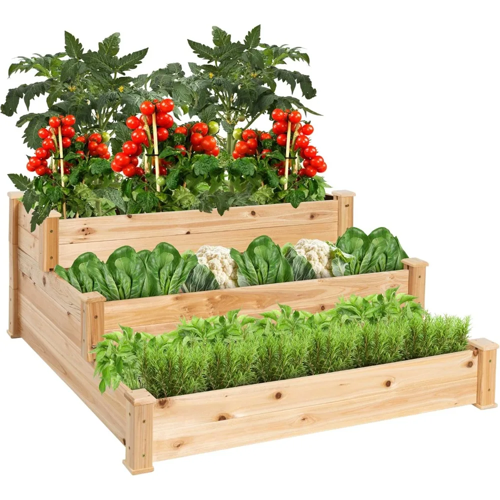 

3-Tier Fir Wood Raised Garden Bed Planter Kit for Plants, Herbs, Vegetables, Outdoor Gardening w/Stackable & Flat Arrangement