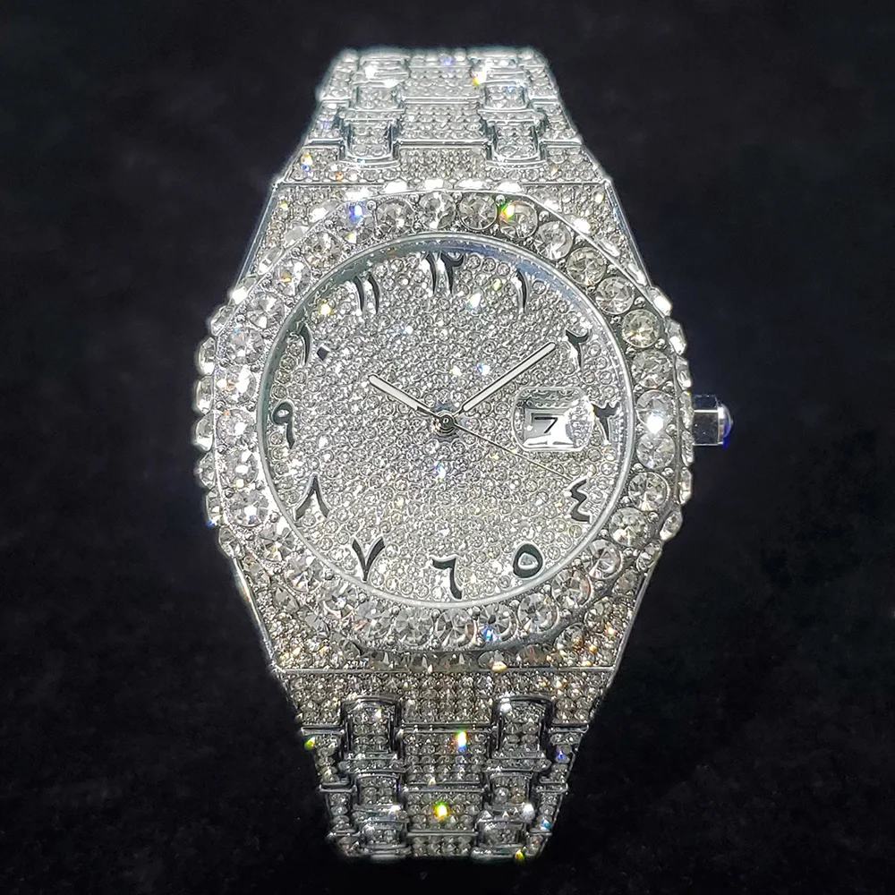Luxury Brand Diamond Watches for Men Fashion Original Iced Out Arabic Quartz Watch Bling Stainless Steel Clock Relogio Masculino