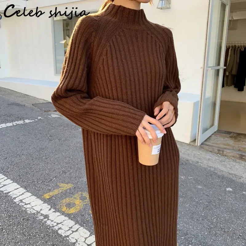 

Coffee Women Wool Dress Autumn Raglan Sleeve Thicken Loose Knitted Vestido Chic Elegant Korean Long Knitwear Winter Jumper