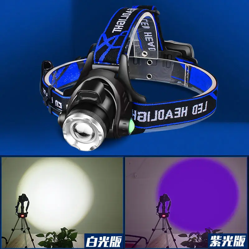 

Headlight flashlight suitable for adults, running, camping, hiking. Headlight with white and purple lights