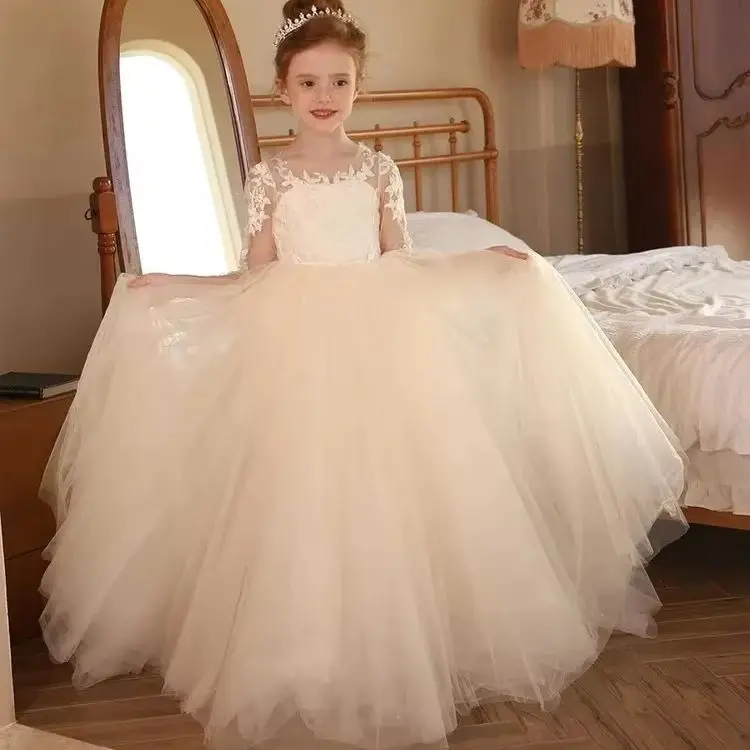 Communion Long Sleeve Lace Tulle Tutu Dress Ceremony Elegant Wedding Flower Girl Dress, Formal Children's Wedding Party Dress,
