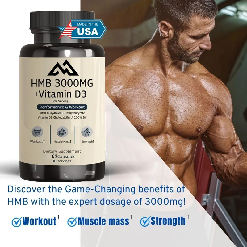 HMB 3000 mg and Vitamin D3 60 capsules promote muscle growth and recovery Relieve muscle loss - HMB supplement Non GMO