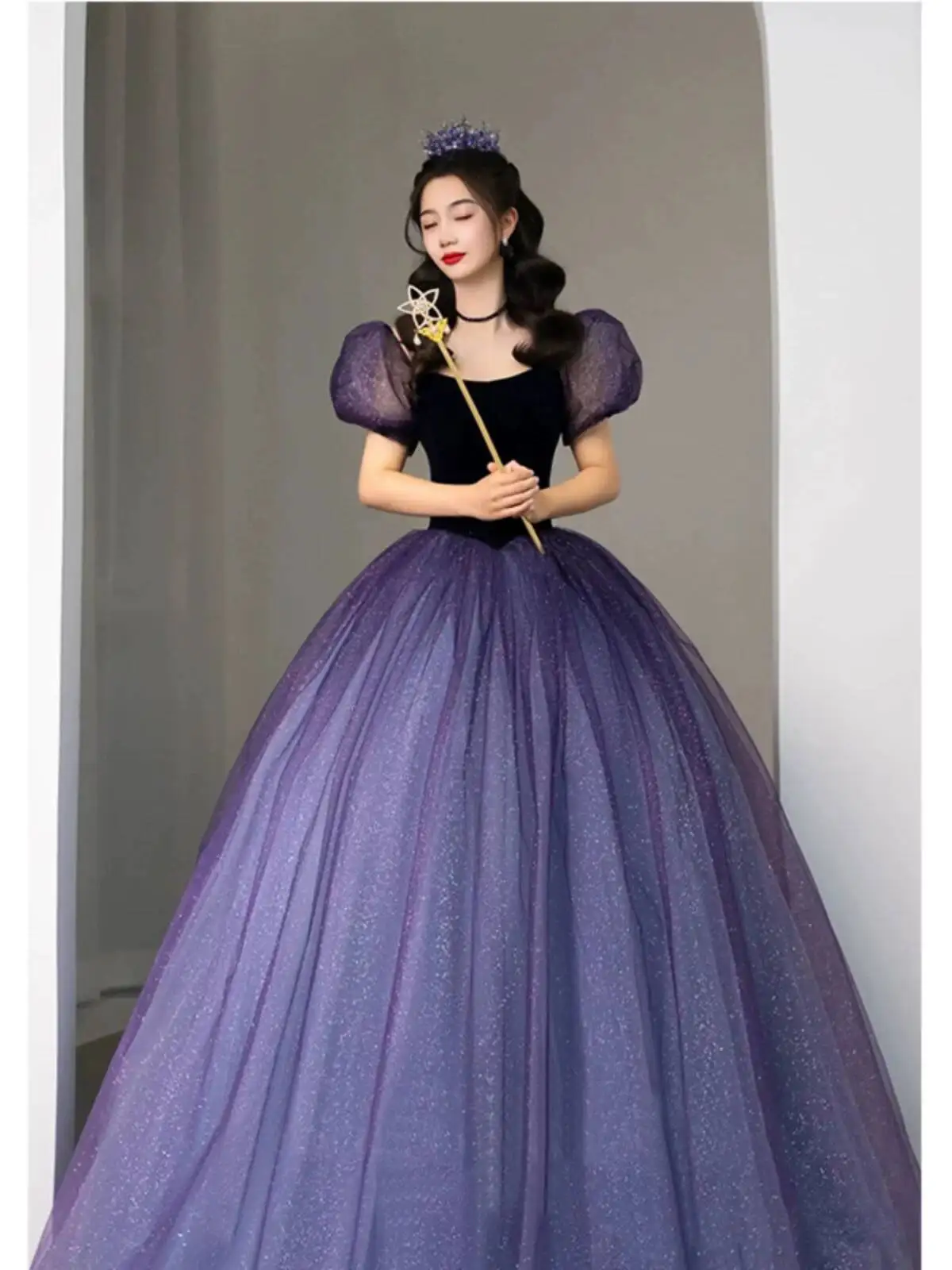 Puff Sleeve Velvet Bodice Evening Dress Gradient Purple Glitter Tulle Ball Gown Princess Prom Wedding Dress