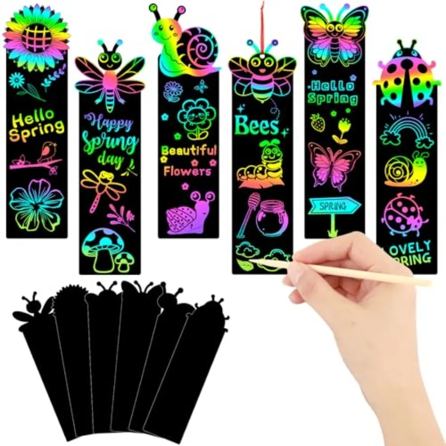 Spring Scratch Bookmarks, 30PCS Crafts for DIY Rainbow Scratch Art, Spring Activities for Art Project with 6 Designs, 30 String