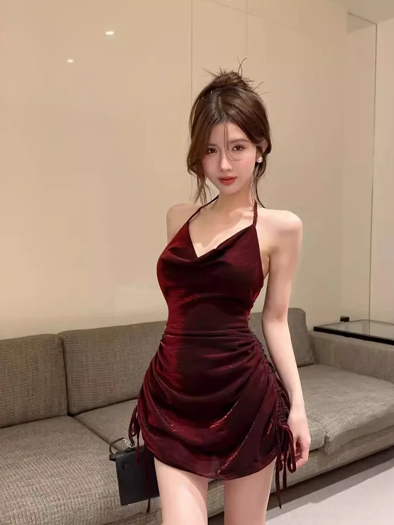 Nightclub Style Fashionable Pure Desire Spicy Girl Drawstring Thin Belt Solid Color Slim Waist Dress Elegant High-quality JM5G